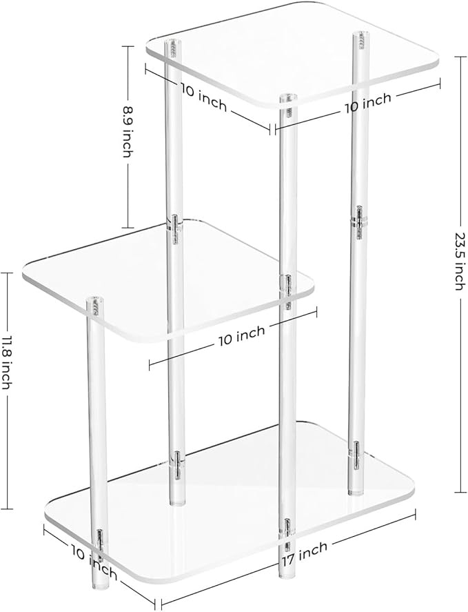 Eglaf Acrylic 3 Tiers Side Table - Square Step End Table - Clear Nightstand Small Bedside Table Accent Entryway Table, for Living Room, Bedroom, Hallway, 17'' L x 10'' W x 23.5'' H