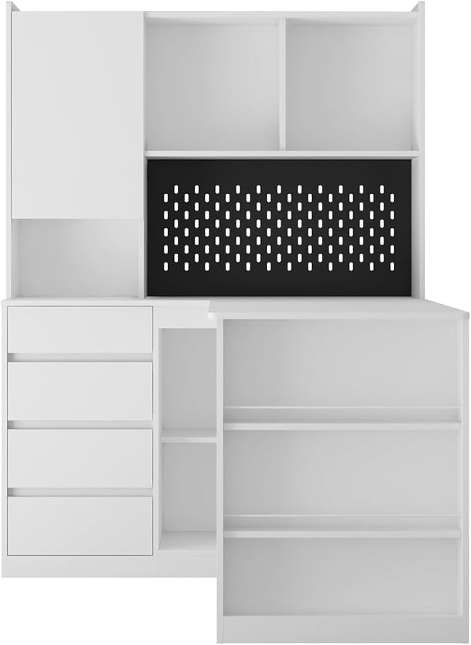 KEIKI L Shaped Home Office Desks with LED Light, Pegboard, Hutch, Drawers, Bookshelf & Storage Shelves, Modern Wooden Gaming Computer Corner Table for Work, Study, Writing
