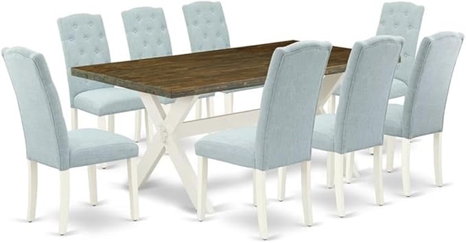 East West Furniture X077CE215-9 9 Piece Dining Room Set Includes a Rectangle Kitchen Table with X-Legs and 8 Baby Blue Linen Fabric Upholstered Parson Chairs, 40x72 Inch, Multi-Color