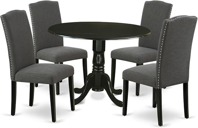 East West Furniture DLEN5-BLK-20 5 Piece Dining Set Includes a Round Dining Room Table with Dropleaf and 4 Dark Gotham Linen Fabric Upholstered Parson Chairs, 42x42 Inch, Black