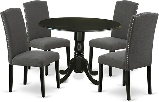 East West Furniture DLEN5-BLK-20 5 Piece Dining Set Includes a Round Dining Room Table with Dropleaf and 4 Dark Gotham Linen Fabric Upholstered Parson Chairs, 42x42 Inch, Black