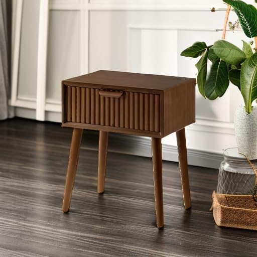COSIEST Modern End Table w Striped Pattern, Mid-Century Nightstand w Storage Drawer, Small Wood Accent End Table for Bedroom, Living Room