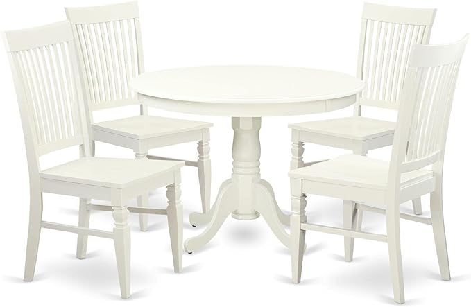 East West Furniture HLWE5-LWH-W 5 Piece Dining Set Includes a Round Dining Table with Pedestal and 4 Kitchen Chairs, 42x42 Inch, Linen White
