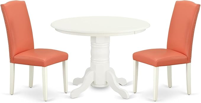 East West Furniture SHEN3-LWH-78 3 Piece Dining Table Set Contains a Round Kitchen Table with Pedestal and 2 Pink Flamingo Faux Leather Upholstered Chairs, 42x42 Inch, Linen White