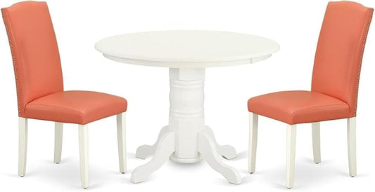 East West Furniture SHEN3-LWH-78 3 Piece Dining Table Set Contains a Round Kitchen Table with Pedestal and 2 Pink Flamingo Faux Leather Upholstered Chairs, 42x42 Inch, Linen White