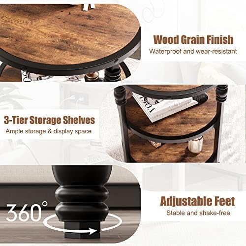 GarveeHome Round End Table with Storage Shelves, 3-Tier Round Farmhouse Side Table w/Mental Support Legs, Rustic End Table Accent Nighstands for Living Room Bedroom (B, Rustic Brown)