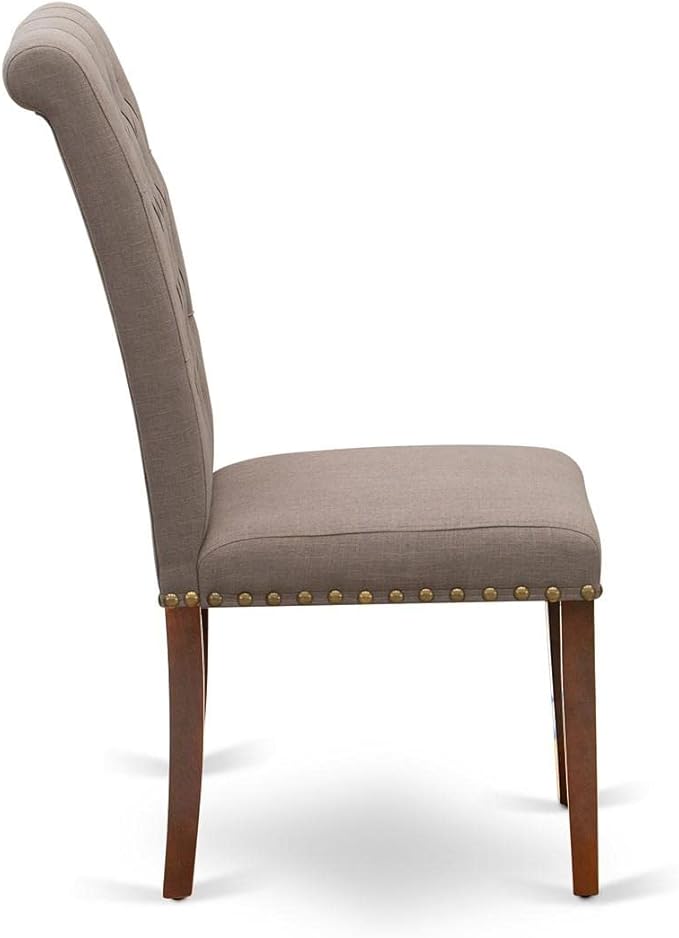 East West Furniture BRP3T18 Bremond Parson Kitchen Chairs - Button Tufted Nailhead Trim Brown Linen Linen Fabric Padded Dining Chairs, Set of 2, Mahogany