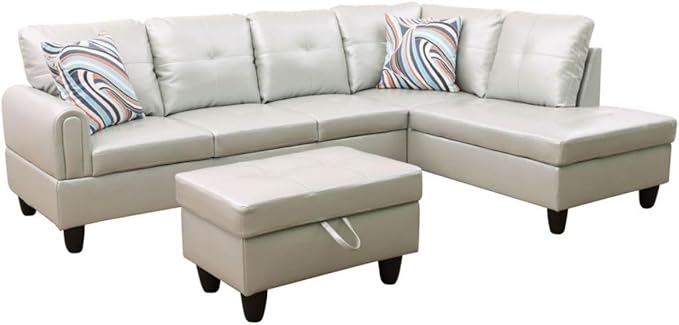 Silver Green L-Shaped 3-Piece Faux Leather Sofa with Storage Ottoman Set, Sectional Couch Sofa Set for Living Room, Office, Small Space