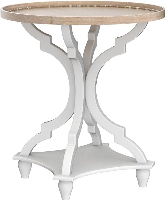 Wnutrees Farmhouse Round Accent End Table, Rustic Side Table Nightstands for Living Room, Wood Tray Top, Handcrafted Finish, Set of 2, White