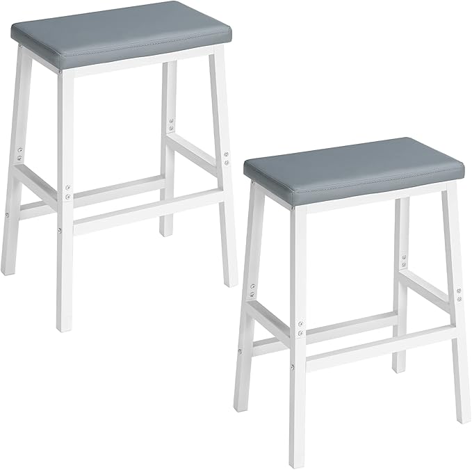 HOOBRO Bar Stools, Set of 2 Bar Chairs, PU Leather Upholstered Breakfast Stools, Easy Assembly, Suitable for Kitchen, Bar, Dining Room, White and Gray WG01MD01