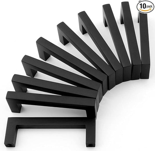 KOOFIZO Solid Square Bar Cabinet Handle - Black Furniture Pull, 3 Inch/76mm Screwhole Distance, 10-Pack for Kitchen Cupboard Door, Bedroom Dresser Drawer, Bathroom Wardrobe Hardware