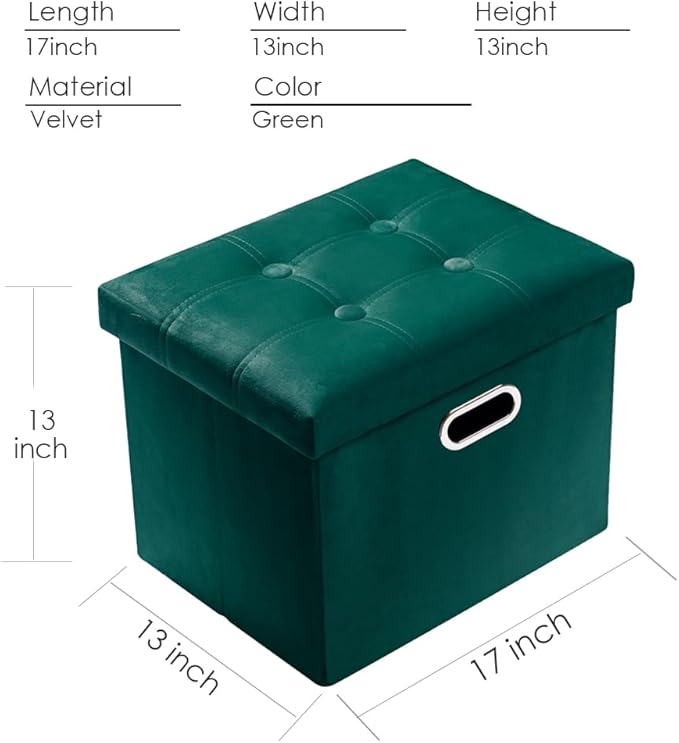 PRANDOM Ottoman with Storage [1-Pack] Velvet Folding Small Square Foot Stool with Lid for Living Room Bedroom Coffee Table Dorm Green 17x13x13 inches