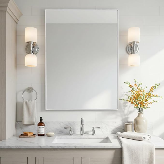 24x32 Inch Silver Bathroom Mirror - Copper-Free Mirror, Aluminum Alloy Frame Vanity Rectangle Wall Mounted Modern Mirror for Bedroom/Living Room/Porch Horizontal or Vertical