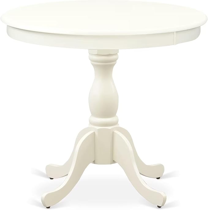 East West Furniture AMIP3-LWH-C 3 Piece Dining Set Contains a Round Dining Room Table with Pedestal and 2 Linen Fabric Upholstered Chairs, 36x36 Inch, Linen White