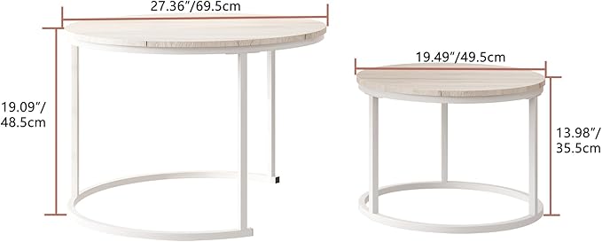 Round Coffee Table Set of 2 End Tables for Living Room,Modern White Coffee Table Nesting Tables,Living Room Tables Wood Furniture Metal Frame,Sturdy Stacking Side Tables,Easy Assembly,Oak