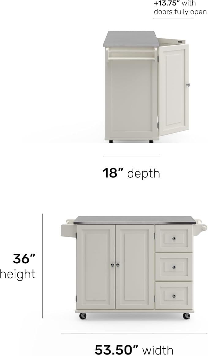 Homestyles Dolly Madison Rolling Mobile Kitchen Island with Storage and Towel Rack, 54 Inch Width, Off White