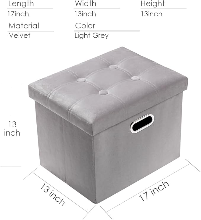 PRANDOM Ottoman with Storage [1-Pack] Velvet Folding Small Square Foot Stool with Lid for Living Room Bedroom Coffee Table Dorm Light Grey 17x13x13 inches