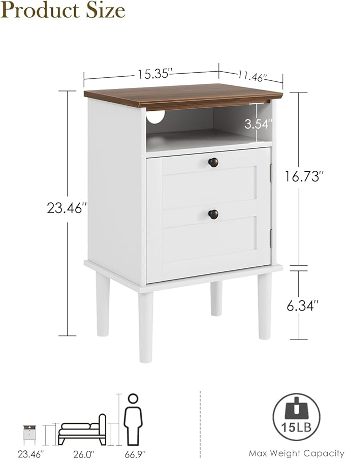 Nightstand, Boho Night Stand with 1 Drawer, Modern Side Accent Table with Open Shelf, Wooden Top Bedside End Table for Bedroom, Living Room, White