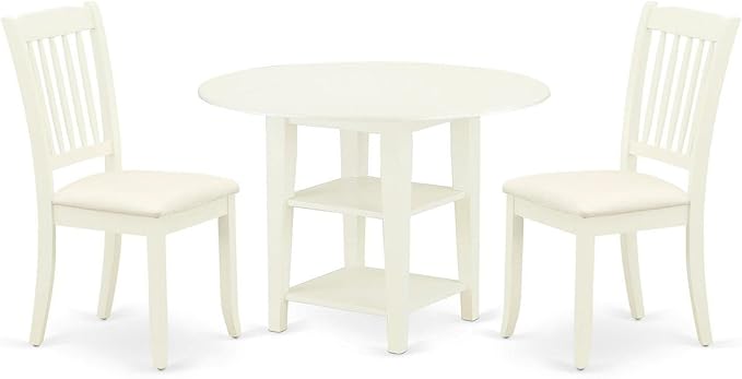 East West Furniture SUDA3-LWH-C 3 Piece Dining Table Set Contains a Round Dining Room Table with Dropleaf & Shelves and 2 Linen Fabric Upholstered Chairs, 42x42 Inch, Linen White