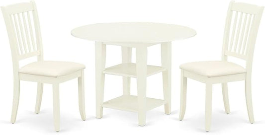 East West Furniture SUDA3-LWH-C 3 Piece Dining Table Set Contains a Round Dining Room Table with Dropleaf & Shelves and 2 Linen Fabric Upholstered Chairs, 42x42 Inch, Linen White