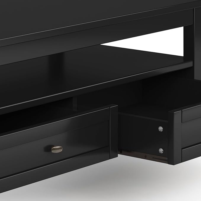 SIMPLIHOME Warm Shaker Coffee Table - 48 inch Wide Solid Wood Cocktail Table in Black, Transitional Living Room Table with 2 Storage Drawers and Open Shelf for Sitting Area or Lounge