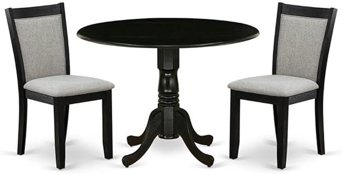 East West Furniture DLMZ3-AB6-06 3 Piece Modern Dining Table Set Contains a Round Wooden Table with Dropleaf and 2 Shitake Linen Fabric Parsons Dining Chairs, 42x42 Inch, Wirebrushed Black