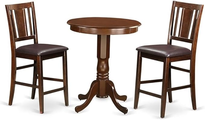 East West Furniture EDBU3-MAH-LC 3 Piece Counter Height Dining Table Set Contains a Round Wooden Table with Pedestal and 2 Faux Leather Upholstered Chairs, 30x30 Inch, Mahogany