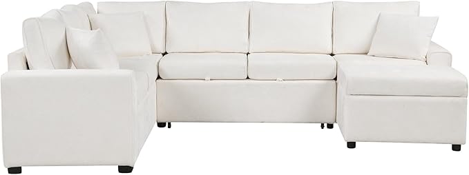 112" Luxurious Pull-out Sofa Bed Sleeper with Storage Ottoman,Sectional Sleeper Couch W/ 3 Pillows,2 USB ports & 2 Power Sockets,Corner Furniture Set for Living Room Large Space,Cream Chenille