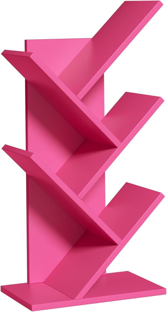 5 Tier Tree Book Shelf, Small Desktop Bookshelf with Storage Organizer, Wood Bookcase, Desk Display Bookshelves, Floor Standing Organizer Bookcases for Living Room,Bedroom,Office-Pink