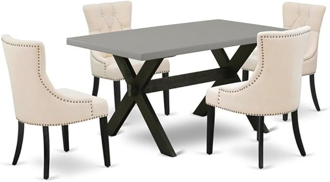 East West Furniture X696FR102-5 5 Piece Dining Set Includes a Rectangle Dining Room Table with X-Legs and 4 Light Beige Linen Fabric Upholstered Chairs, 36x60 Inch, Multi-Color