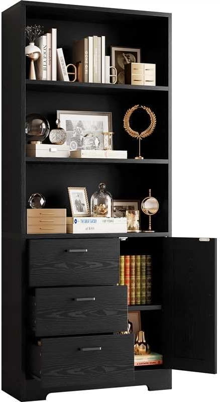 IRONCK Bookshelf with Door and 3 Drawers, 71in Tall Bookcase Shelf with 3-Tier Shelves, for Bedroom Living Room Entrance Hallway Home Office