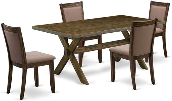 East West Furniture X777MZ748-5 5 Piece Kitchen Table & Chairs Set Includes a Rectangle Dining Room Table with X-Legs and 4 Coffee Linen Fabric Upholstered Chairs, 40x72 Inch, Multi-Color
