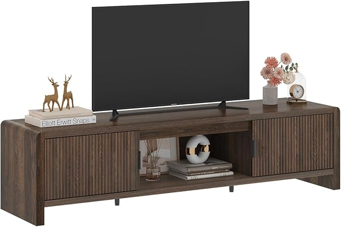 FATORRI TV Stand for 75/65/55 Inch TVs, Mid Century Modern Entertainment Center with Storage, Wood Waveform Fluted-Door Television Media Console for Living Room, Bedroom (63 Inch W, Dark Walnut)