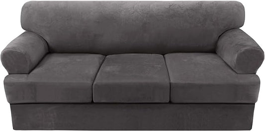 H.VERSAILTEX 4 Piece T Cushion Sofa Slipcovers Thick Velvet Stretch Couch Cover Furniture Protector for 3 Couch Covers with 3 Individual T Cushion Covers Washable, Grey