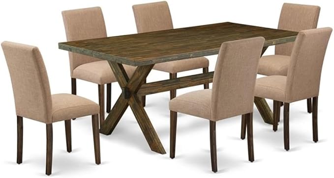 East West Furniture X777AB747-7 7 Piece Dining Room Furniture Set Consist of a Rectangle Dining Table with X-Legs and 6 Light Sable Linen Fabric Parsons Chairs, 40x72 Inch, Multi-Color