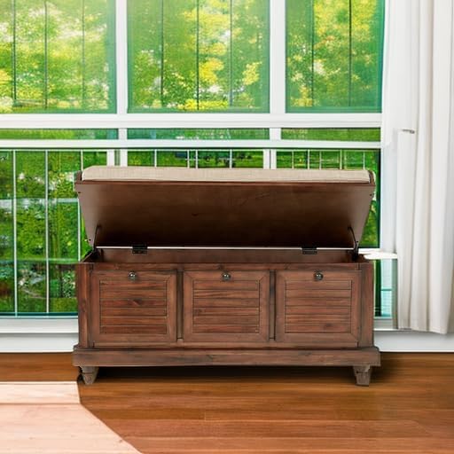 OSP Home Furnishings Dover Coastal Lift-Top Storage Bench with Shutter Face Styling, Distressed Brown Finish with Beige Linen Fabric Cushion