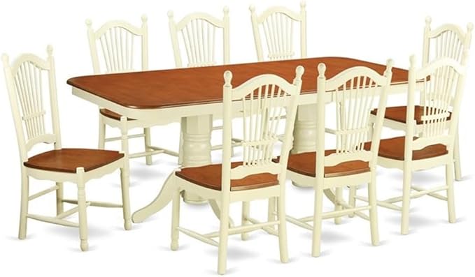 East West Furniture NADO9-WHI-W 9 Piece Dining Table Set Includes a Rectangle Wooden Table with Butterfly Leaf and 8 Dining Room Chairs, 40x78 Inch, Buttermilk & Cherry