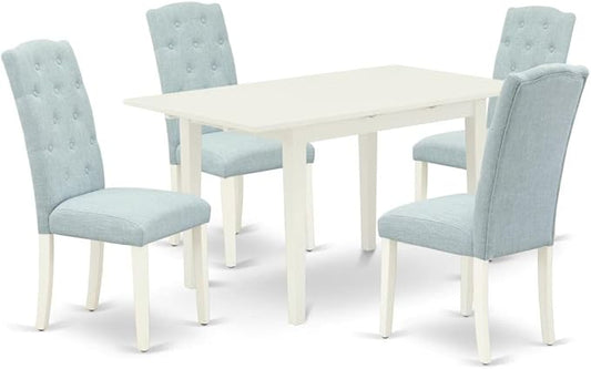 East West Furniture NOCE5-LWH-15 5 Piece Kitchen Table Set for 4 Includes a Rectangle Dining Table with Butterfly Leaf and 4 Baby Blue Linen Fabric Parson Chairs, 32x54 Inch, Linen White