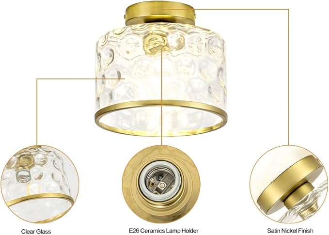 Gold Flush Mount Ceiling Light with Clear Hammered Glass lampshade, Farmhouse Ceiling Lights Fixture in Satin Brass for Kitchen Bathroom, Bulb not Included