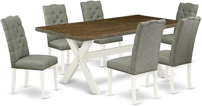 East West Furniture X077EL207-7 7 Piece Dining Room Table Set Consist of a Rectangle Dining Table with X-Legs and 6 Gray Linen Fabric Upholstered Parson Chairs, 40x72 Inch, Multi-Color