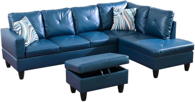 Deep Blue L-Shaped 3-Piece Faux Leather Sofa with Storage Ottoman Set, Sectional Couch Sofa Set for Living Room, Office, Small Space