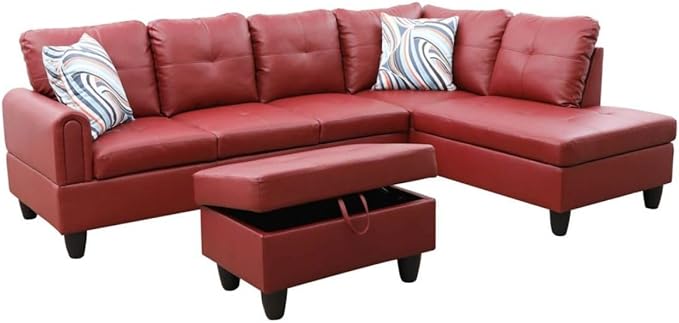 Red L-Shaped 3-Piece Faux Leather Sofa with Storage Ottoman Set, Sectional Couch Sofa Set for Living Room, Office, Small Space