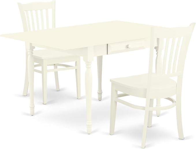 East West Furniture MZGR3-LWH-W 3 Piece Kitchen Table & Chairs Set Contains a Rectangle Dining Table with Dropleaf and 2 Dining Room Chairs, 36x54 Inch, Linen White