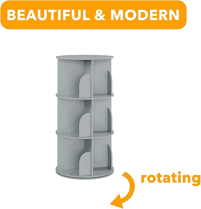 SpaceAid 3 Tier Rotating Bookshelf Tower, Spinning Bookcase Lazy Susan, Revolving 360 Book Shelf Storage Round Carousel, Vertical Rotate Turning Spiral Corner Organizer, Gray