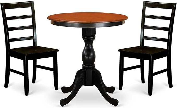 East West Furniture ESVA3-BCH-C 3 Piece Kitchen Table Set for Small Spaces Contains a Round Dining Room Table with Pedestal and 2 Linen Fabric Upholstered Chairs, 30x30 Inch, Black & Cherry