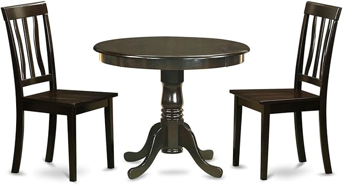 East West Furniture ANTI3-CAP-W 3 Piece Dining Set Contains a Round Kitchen Table with Pedestal and 2 Dining Chairs, 36x36 Inch, Cappuccino