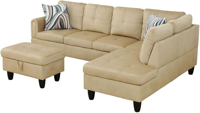 Beige L-Shaped 3-Piece Flannel Sofa with Storage Ottoman Set, Sectional Couch Sofa Set for Living Room, Office, Small Space