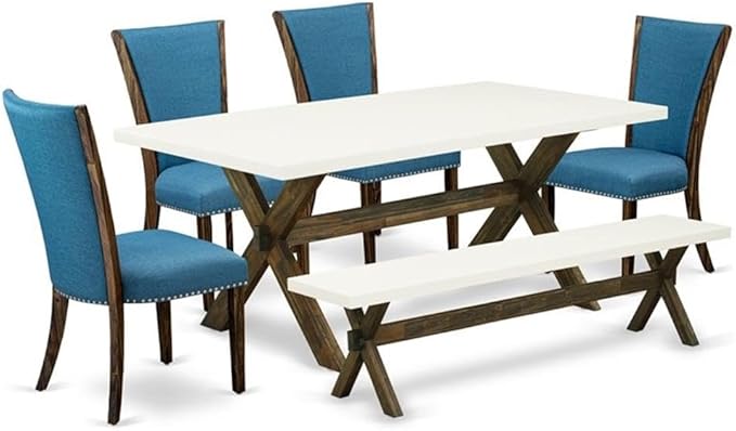 East West Furniture X727VE721-6 6 Piece Dining Table Set Contains a Rectangle Dining Room Table with X-Legs and 4 Blue Color Linen Fabric Parson Chairs with a Bench, 40x72 Inch, Multi-Color