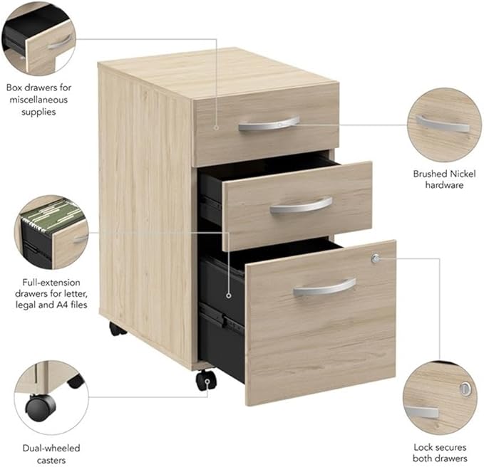 Bush Business Furniture Arrive 3 Drawer Mobile File Cabinet - Assembled in Natural Elm, Rolling Document Storage for Reception Area or Professional Office