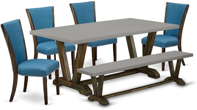East West Furniture V797VE721-6 6 Piece Dinette Set Contains a Rectangle Dining Table with V-Legs and 4 Blue Color Linen Fabric Parson Chairs with a Bench, 40x72 Inch, Multi-Color